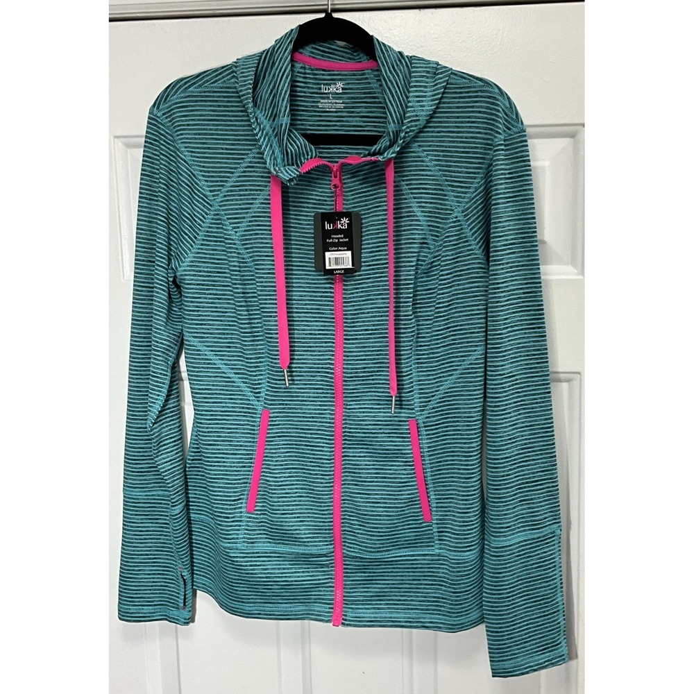 Lukka Jacket Teal Blue Striped Zip Up Hoodie Lightweight Women's Large